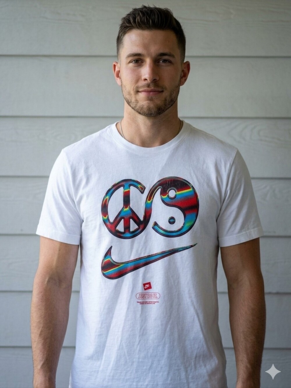 Nike White T-Shirt with Rainbow Peace, Yin-Yang & Swoosh Graphic